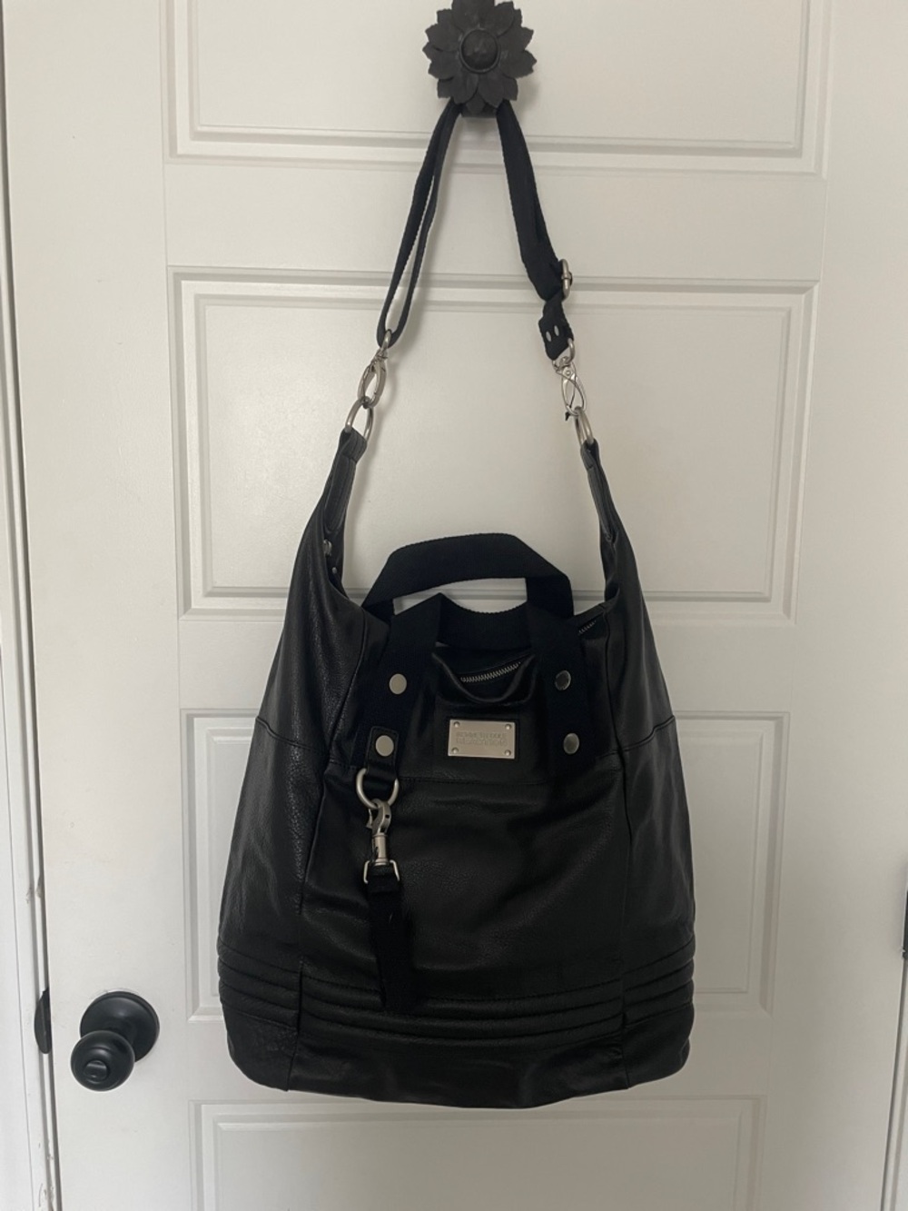 Black Pebble Grain Leather Tote Bag Silver Toned Hardware